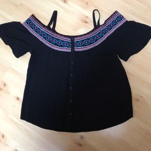 CHARMING CHARLIE Black beaded gauze cold shoulder top